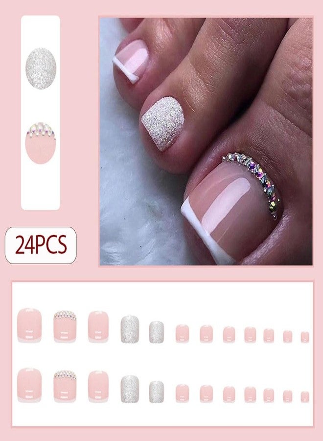 WAFOLOZE Short Toe Nail Press Ons, Glossy Glitter & Rhinestone Design, Artificial French Tip Toe Nails 24 Pcs - Image 2