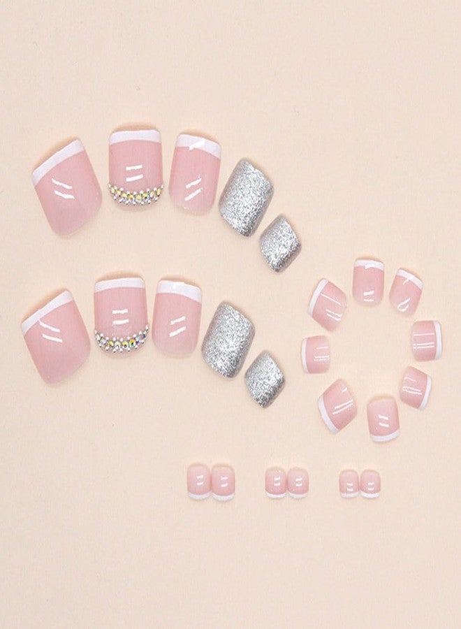 WAFOLOZE Short Toe Nail Press Ons, Glossy Glitter & Rhinestone Design, Artificial French Tip Toe Nails 24 Pcs - Image 4