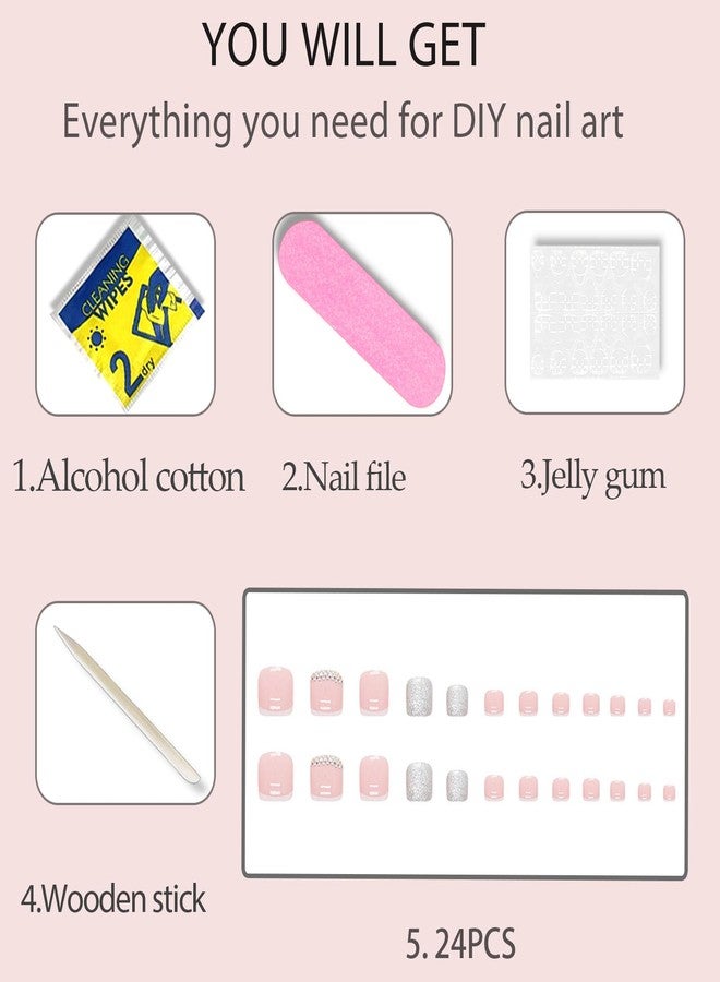 WAFOLOZE Short Toe Nail Press Ons, Glossy Glitter & Rhinestone Design, Artificial French Tip Toe Nails 24 Pcs - Image 5
