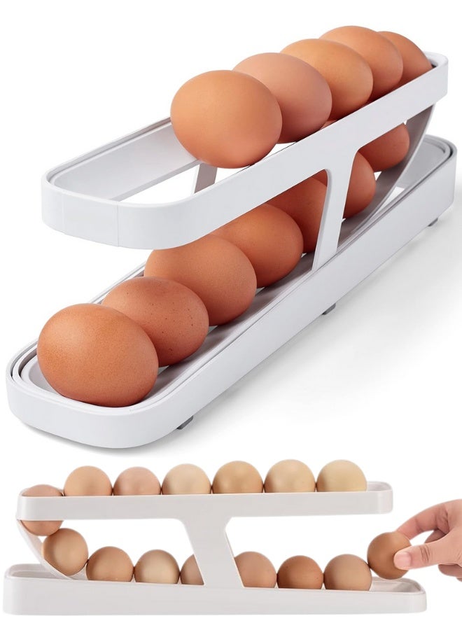 منظم بيض للثلاجة بآلية تدوير تلقائي رول داون عدد قطعة واحدة تصميم موفر للمساحة حامل بيض بلاستيك قوي خالي من BPA بدون زجاج آمن للاستخدام اليومي منظم بيض ثلاجة ثنائي الطبقات يعمل بالجاذبية سحب بيضة واحدة بسهولة تركيب فوري بدون أدوات مقاوم للكسر والانزلاق متوافق مع جميع الثلاجات المنزلية تنظيم واضح للبيض بدون كراتين سهولة تنظيف استخدام مطبخ عملي طويل الأمد - Image 1