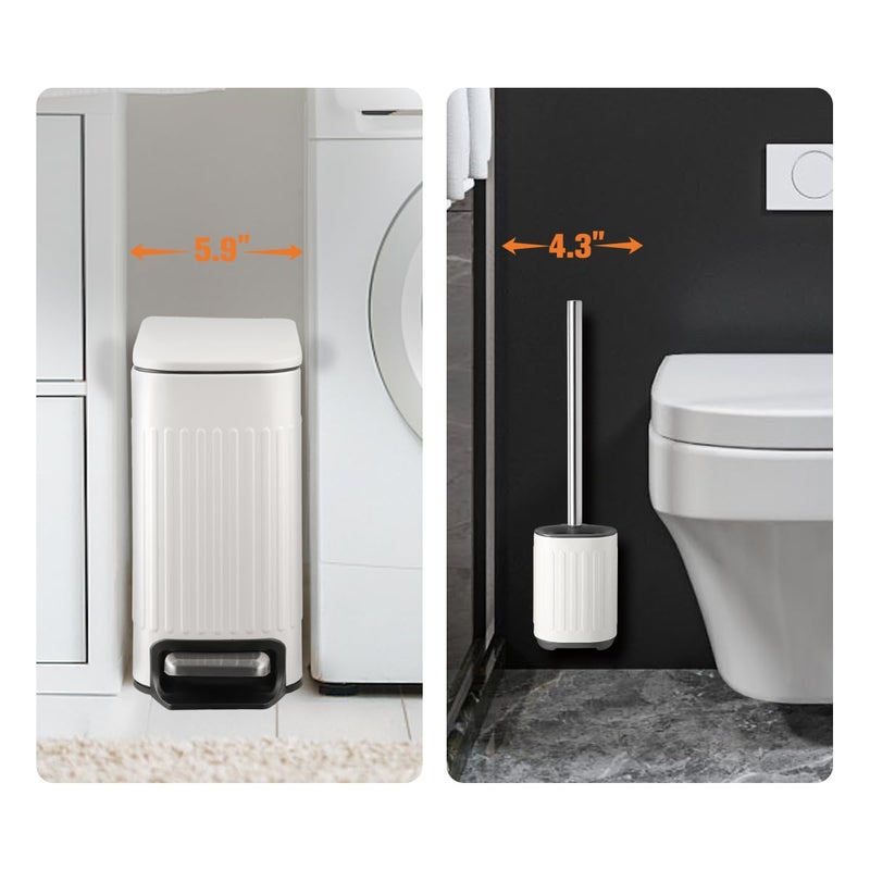 TrashAid Bathroom Trash Can with Toilet Brush - 1.6 Gallon Slim Stainless Steel Garbage Can, Small Wastebasket for Bathroom, Office, Bedroom, Silicone Toilet Brush Included, White - Image 2