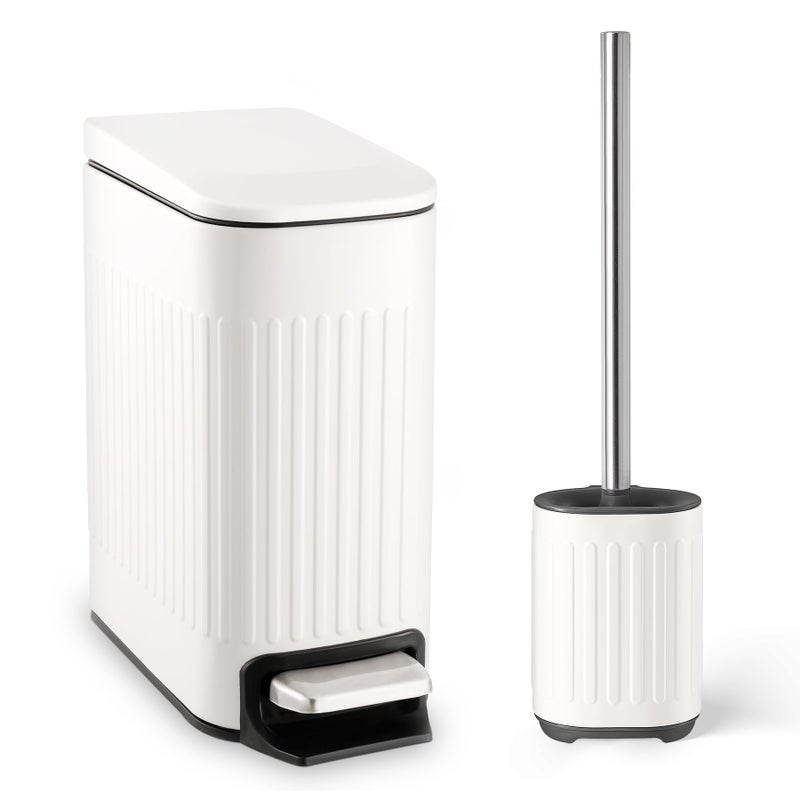 TrashAid Bathroom Trash Can with Toilet Brush - 1.6 Gallon Slim Stainless Steel Garbage Can, Small Wastebasket for Bathroom, Office, Bedroom, Silicone Toilet Brush Included, White - Image 1
