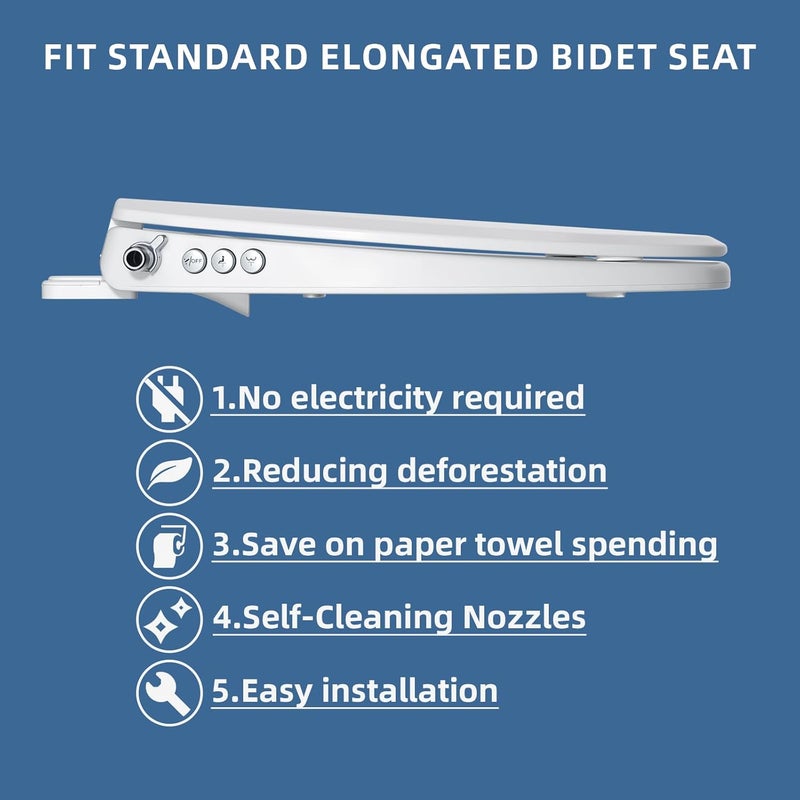 Clirass Bidet Toilet Seat, Soft Close Elongated Toilet Seat, Button control Feminine/Posterior Wash Switch, Knob Control Water Pressure,White Bidet Seat Attachment with Brass inlet - Image 4