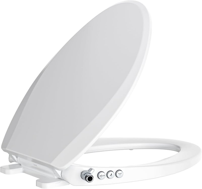 Clirass Bidet Toilet Seat, Soft Close Elongated Toilet Seat, Button control Feminine/Posterior Wash Switch, Knob Control Water Pressure,White Bidet Seat Attachment with Brass inlet - Image 1