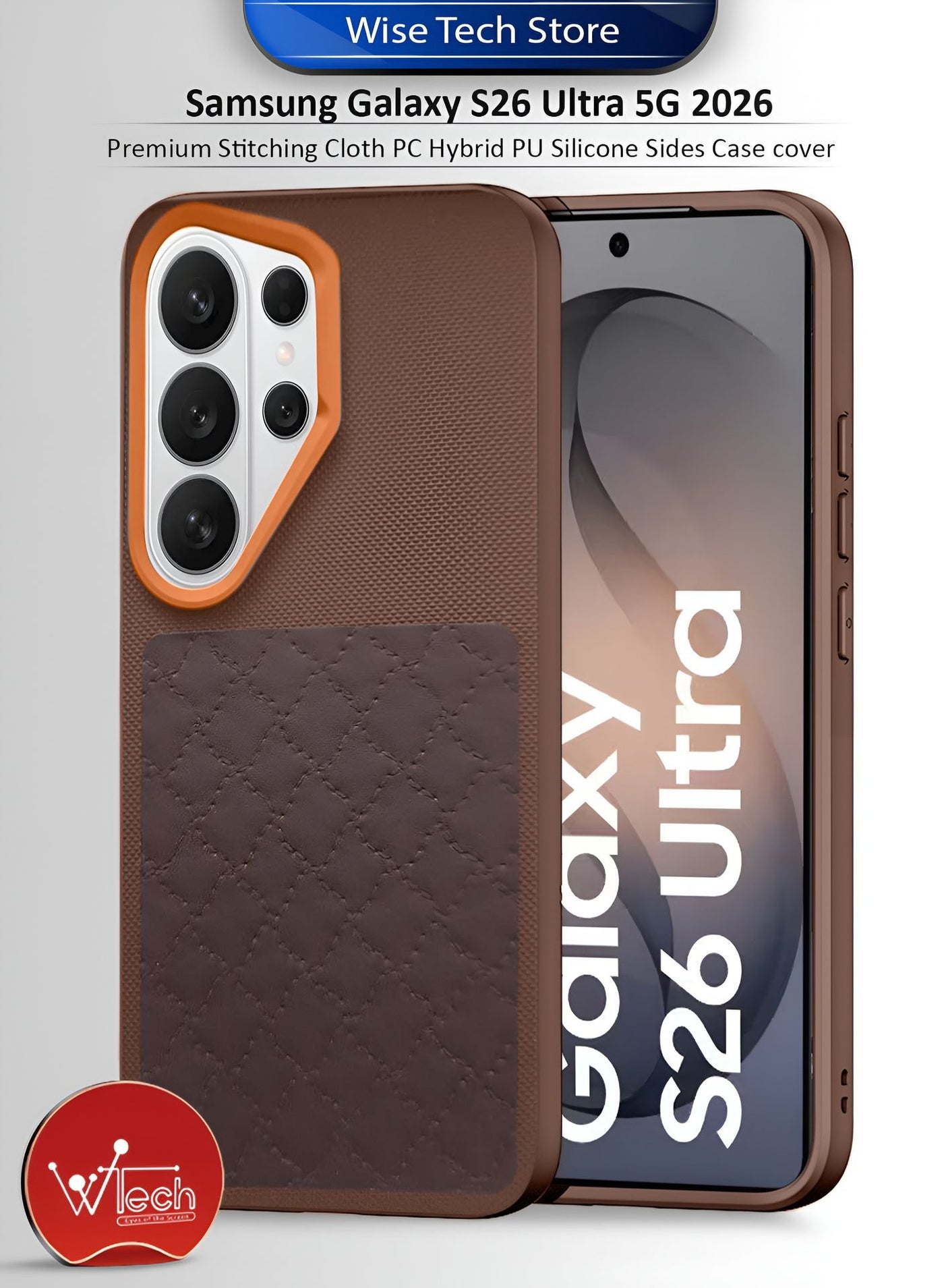 Wtech Samsung Galaxy S26 Ultra 5G 2026 Premium Stitching Cloth PC Hybrid PU Silicone Sides Case cover (MCRPSN) - Brown