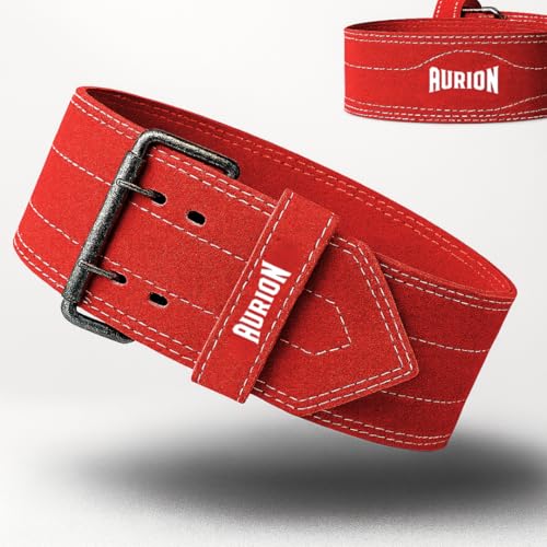 Aurion 6mm Suede Gym Belt for Weight Lifting & Powerlifting | 4-Inch Wide Deadlift & Squat Belt with Stainless Steel Double-Pronged Buckle | L-XL (36″–46″), Red - Image 1