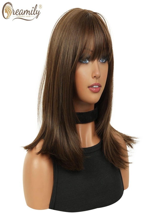 Creamily 14 Inch Shoulder Length Dark Brown Straight Bob Wigs with Bangs Synthetic Hair Replacement Wig Medium Length Bob Hair Wig Halloween Costume Cosplay Wigs for Women - Image 3