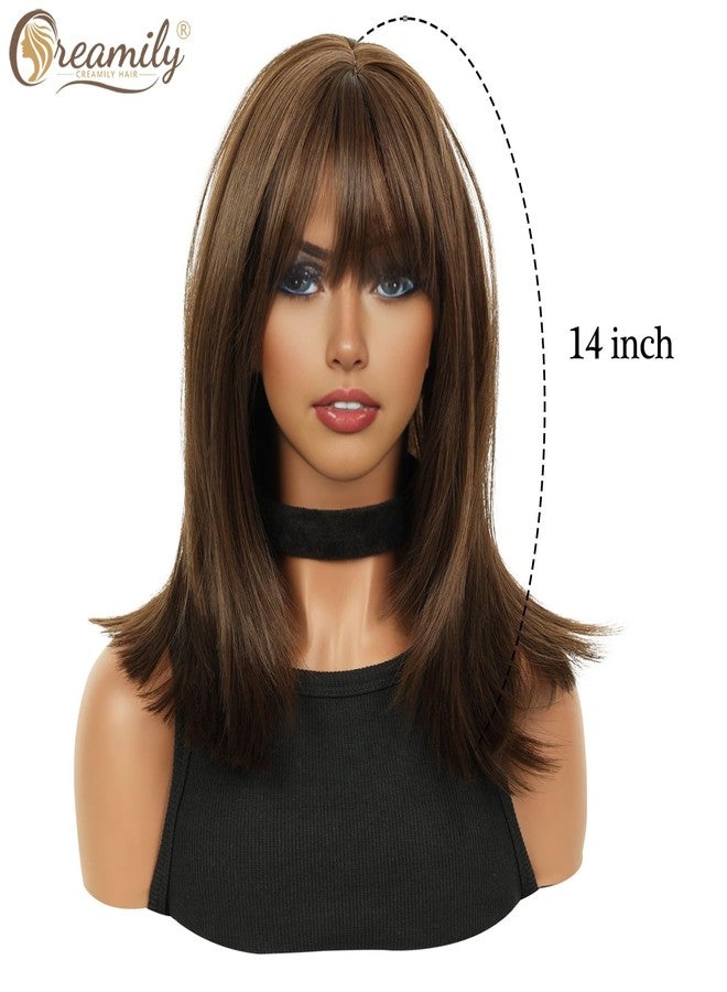 Creamily 14 Inch Shoulder Length Dark Brown Straight Bob Wigs with Bangs Synthetic Hair Replacement Wig Medium Length Bob Hair Wig Halloween Costume Cosplay Wigs for Women - Image 2