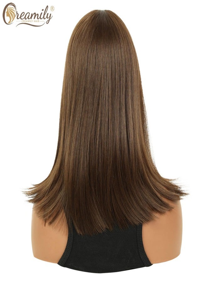 Creamily 14 Inch Shoulder Length Dark Brown Straight Bob Wigs with Bangs Synthetic Hair Replacement Wig Medium Length Bob Hair Wig Halloween Costume Cosplay Wigs for Women - Image 4