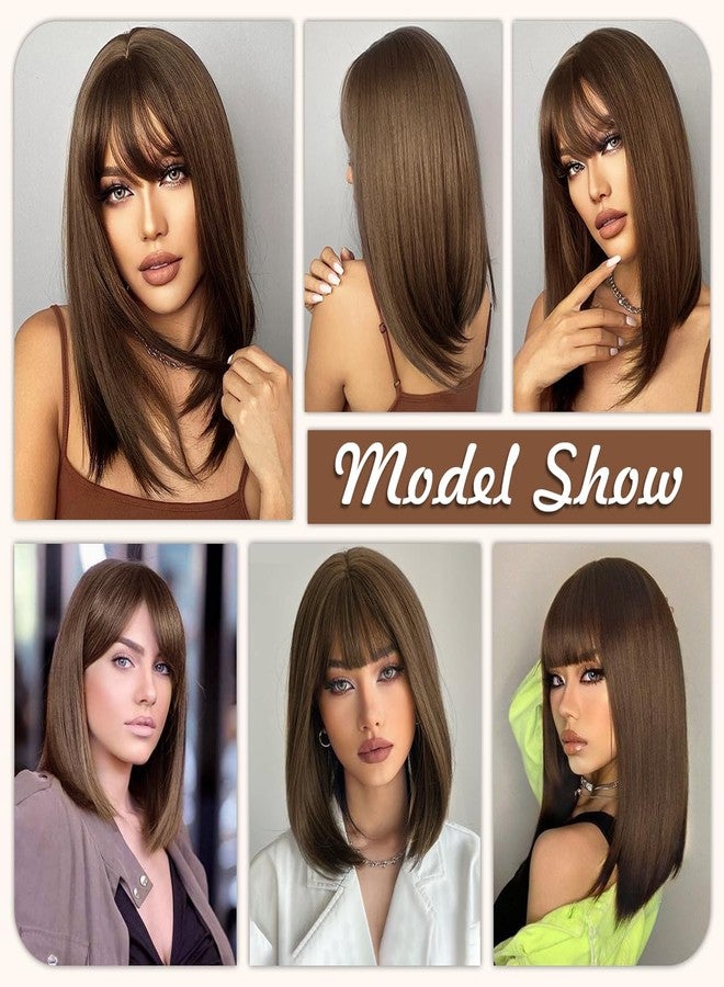 Creamily 14 Inch Shoulder Length Dark Brown Straight Bob Wigs with Bangs Synthetic Hair Replacement Wig Medium Length Bob Hair Wig Halloween Costume Cosplay Wigs for Women - Image 5