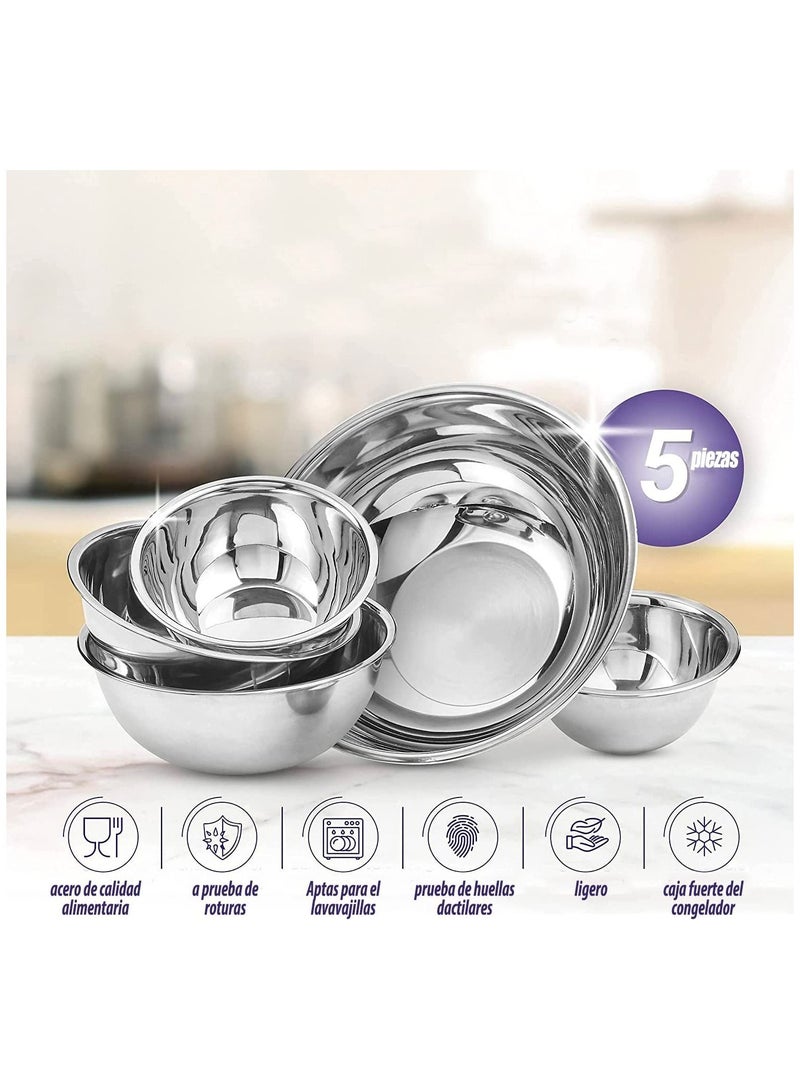 Stainless Steel Mixing Bowls (Set of 5) Stainless Steel Mixing Bowl Set - Easy To Clean, Nesting Bowls for Space Saving Storage, Great for Cooking, Baking, Prepping Silver 18x6x18 cm - Image 4