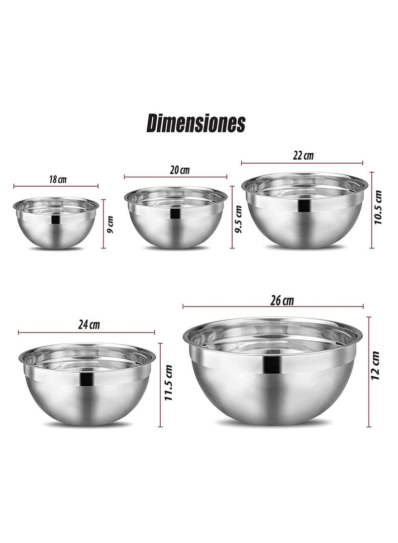 Stainless Steel Mixing Bowls (Set of 5) Stainless Steel Mixing Bowl Set - Easy To Clean, Nesting Bowls for Space Saving Storage, Great for Cooking, Baking, Prepping Silver 18x6x18 cm - Image 2