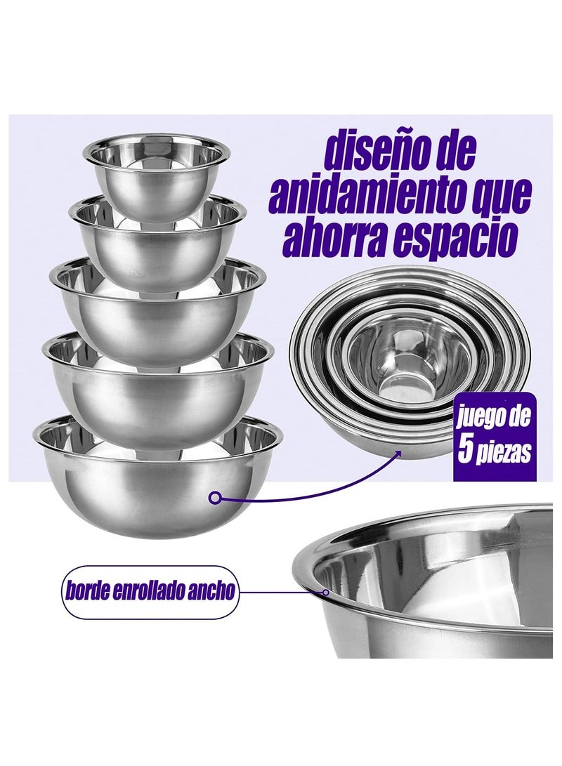 Stainless Steel Mixing Bowls (Set of 5) Stainless Steel Mixing Bowl Set - Easy To Clean, Nesting Bowls for Space Saving Storage, Great for Cooking, Baking, Prepping Silver 18x6x18 cm - Image 3