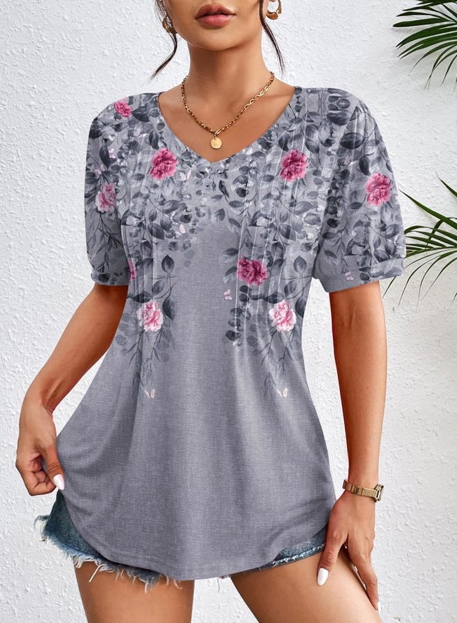 zeagoo Women's Puff Short Sleeve Boho Shirts Casual V Neck Floral Solid Summer Blouse Pleated Tunic Top, Floral Grey Hf36, M - Image 3