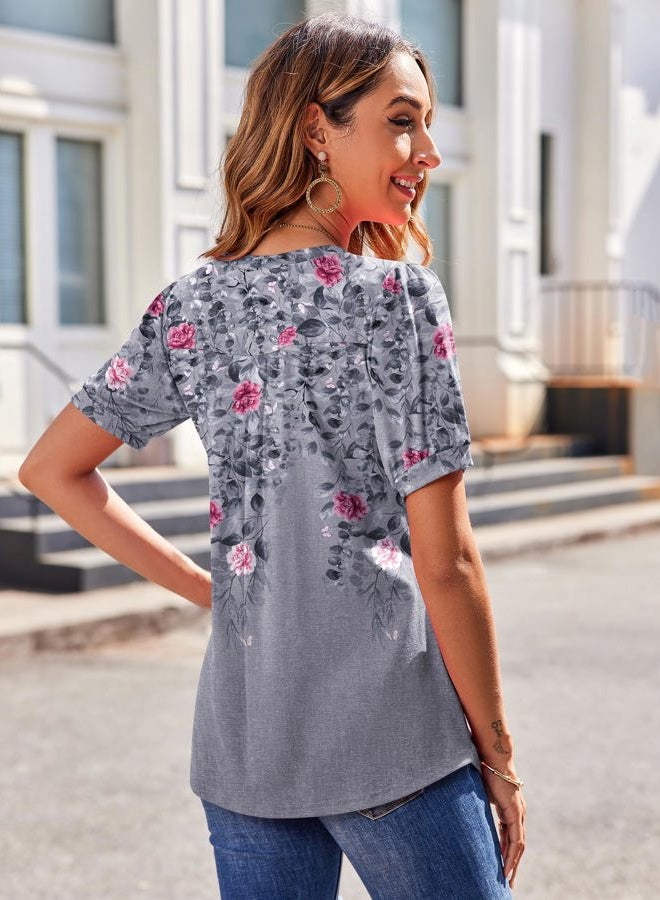 zeagoo Women's Puff Short Sleeve Boho Shirts Casual V Neck Floral Solid Summer Blouse Pleated Tunic Top, Floral Grey Hf36, M - Image 4