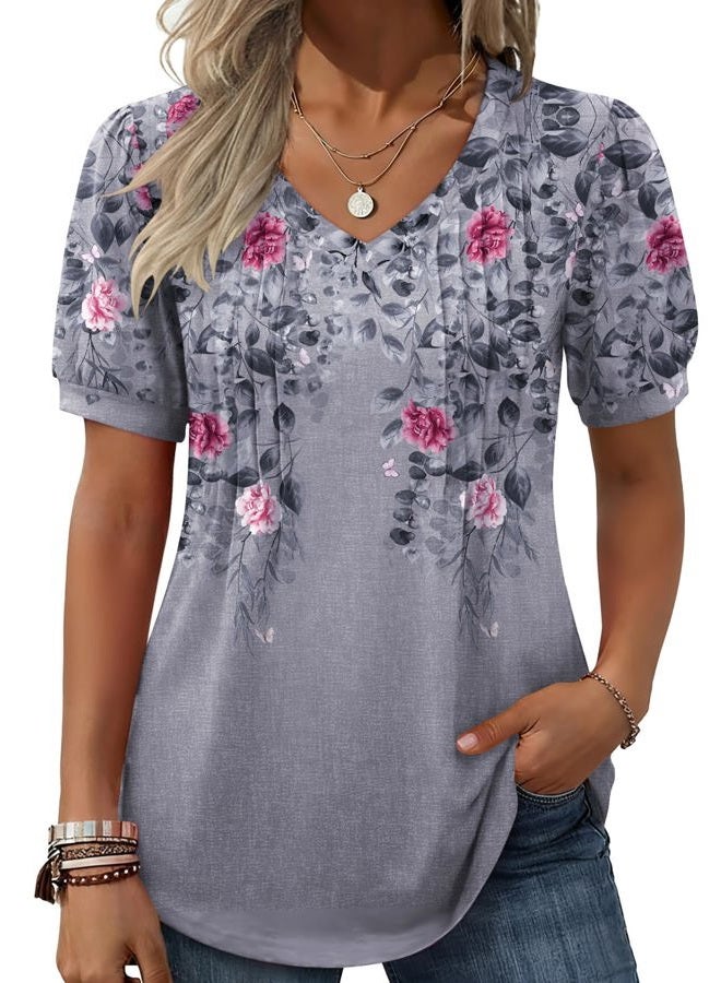 zeagoo Women's Puff Short Sleeve Boho Shirts Casual V Neck Floral Solid Summer Blouse Pleated Tunic Top, Floral Grey Hf36, M - Image 1