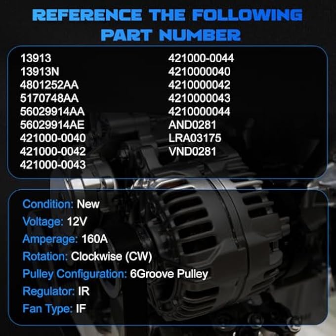 YOMALL Alternator 13913 for 2004-2006 Durango 3.7L V6 for 2001-2006 Durango 4.7L V8 for 2006 Commander for 2005-2006 Grand Cherokee for 2002-2006 Liberty 3.7L V6 160A 6PK 13913N 5170748AA 4801252AA - Image 3