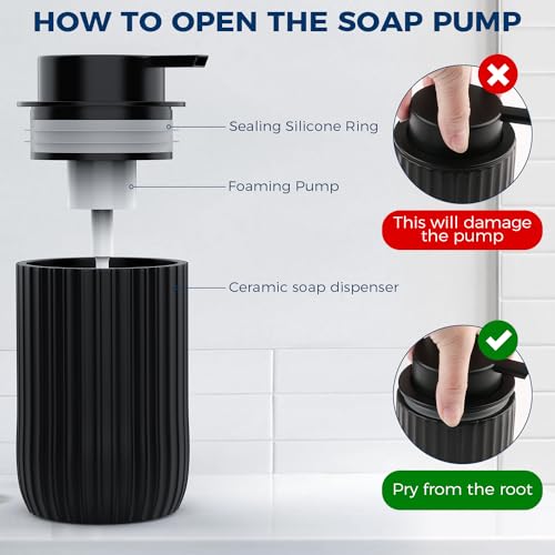 POSOSTO Ceramic Foaming Hand Soap Dispenser，12 oz Bathroom Soap Dispensers， Lotion Dispenser for Kitchen, Refillable Matte Streaks Soap Dispenser with Large Pump (Black) - Image 4