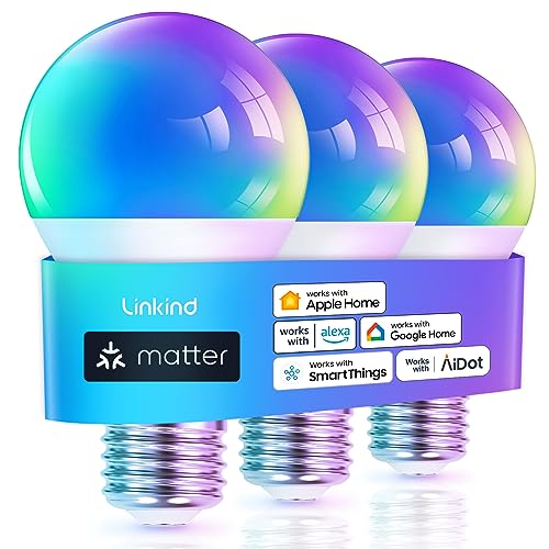 Linkind Matter Smart Light Bulb, Smart Bulbs Work with Apple Home, Siri, Alexa, Google Home, SmartThings, Color Changing Light Bulbs RGTBW Music Sync, Mood Lights, 2.4Ghz WiFi A19 E26 60W 800LM 3 Pack - Image 1