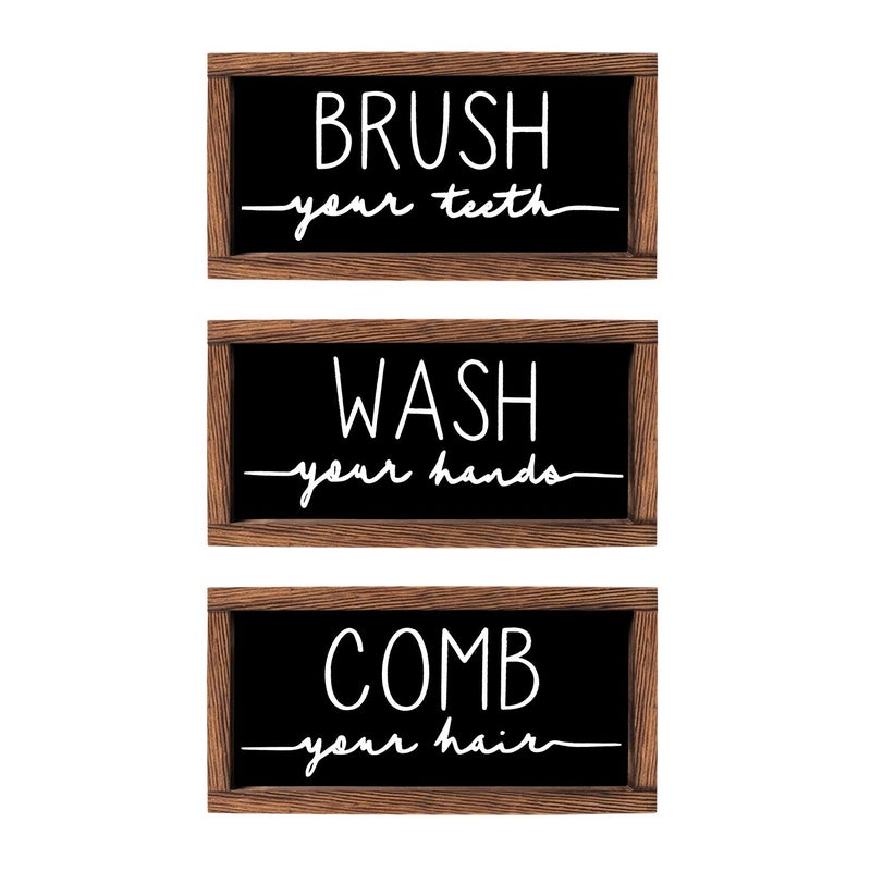 LIBWYS Bathroom Sign & Plaque (Set of 3) Wash Your Hands Brush Your Teeth Comb Your Hair Decorative Rustic Wood Farmhouse Bathroom Wall Decor (Black) - Image 1