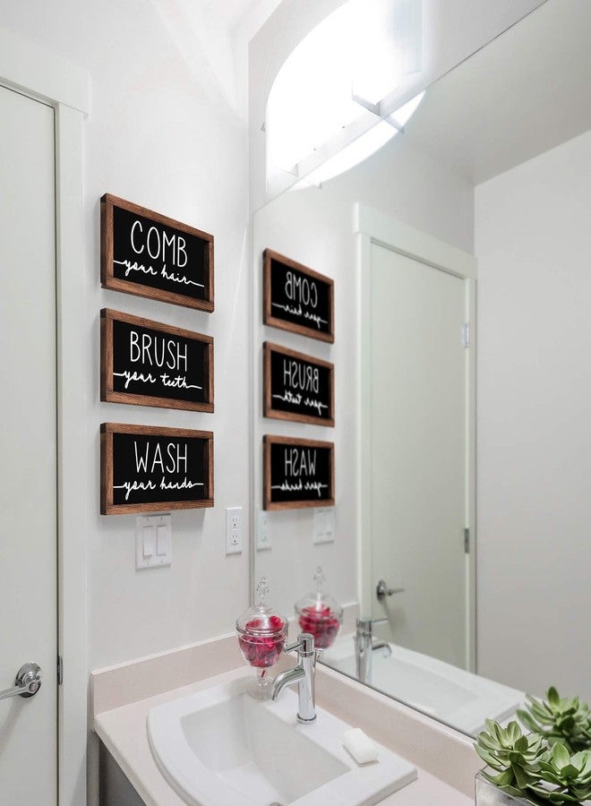 LIBWYS Bathroom Sign & Plaque (Set of 3) Wash Your Hands Brush Your Teeth Comb Your Hair Decorative Rustic Wood Farmhouse Bathroom Wall Decor (Black) - Image 4