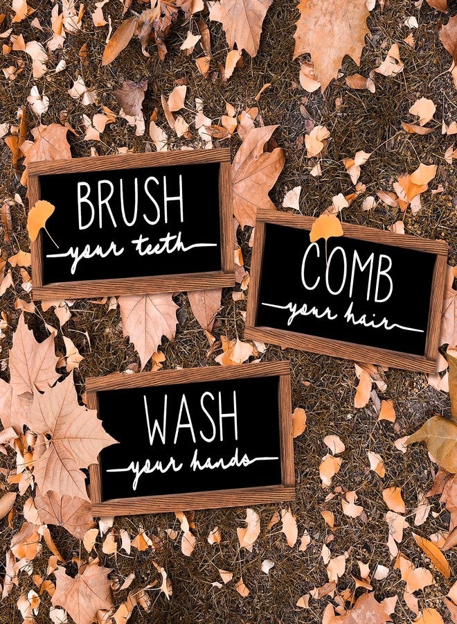 LIBWYS Bathroom Sign & Plaque (Set of 3) Wash Your Hands Brush Your Teeth Comb Your Hair Decorative Rustic Wood Farmhouse Bathroom Wall Decor (Black) - Image 2