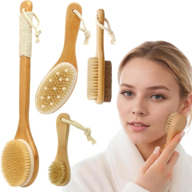 Dry Body Brush Set - Boar Bristle & Wooden Handle Exfoliating Body Brush for Dry Brushing, Skin Exfoliation at Home - Image 1