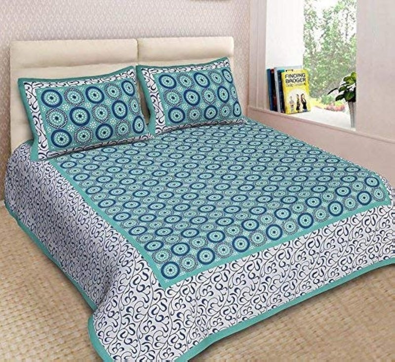 Ealth Kart Cotton Comfort 180 TC Rajasthani Jaipuri Traditional Floral King Size Double Bedsheet with 2 Pillow Covers (Blue) - Image 1