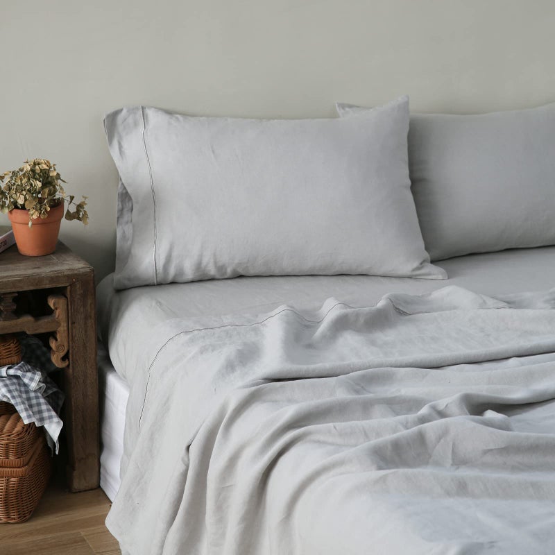 SimpleOpulence 100 Linen Sheet Set with Embroidery Washed  3 Pieces 1 Flat Sheet  1 Fitted Sheet  1 Pillowcase Natural Flax Soft Bedding Breathable Farmhouse  Light Grey Twin Size