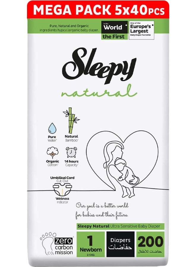 Sleepy Natural Size 1, Newborn, 200 Count, 5 X 40, 2-5Kg Hypoallergenic Baby Dry Diapers, Organic Cotton, Highly Absorbent, Bamboo Extract, Ultimate Comfort And Dryness, 100% Leakage Protection