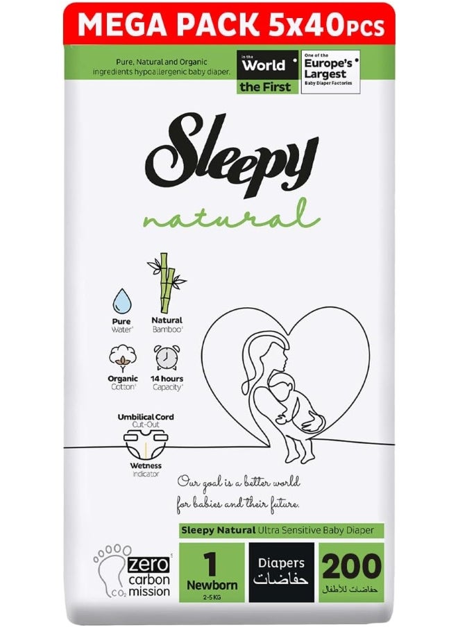 Sleepy - Natural Size 1, Newborn, 200 Count, 5 X 40, 2-5Kg Hypoallergenic Baby Dry Diapers, Organic Cotton, Highly Absorbent, Bamboo Extract, Ultimate Comfort And Dryness, 100% Leakage Protection - Image 1