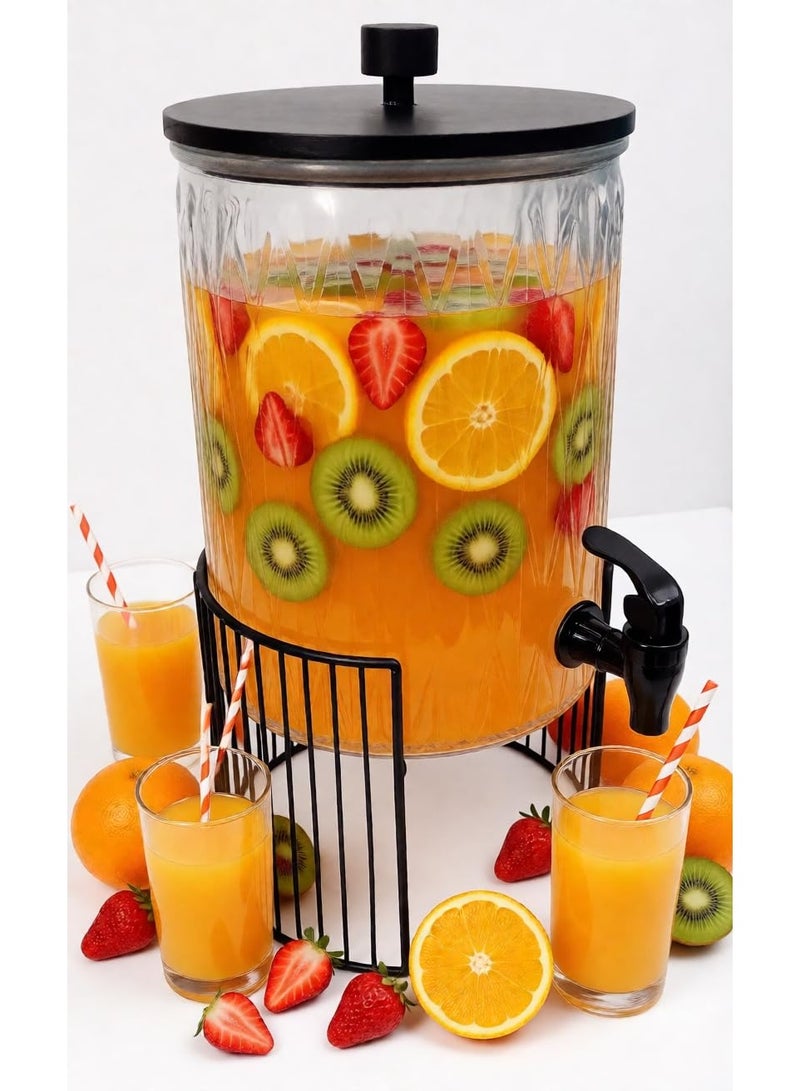 5L Glass Juice Dispenser with Metal Stand, Leak Proof Tap & Airtight Wooden Lid , 5 Liter Beverage Dispenser for Cold Drinks, Juice, Lemonade, Iced Tea & Water, Ideal for Home, Office - Image 1