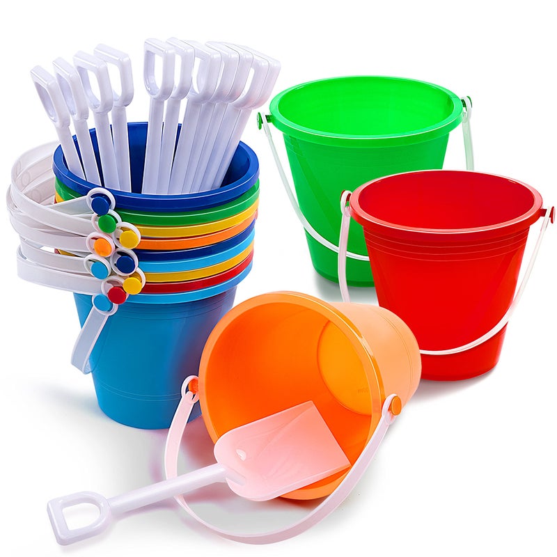 Sloosh 12 Sets Sand Buckets with Shovels for Kids Beach Pails Toys Party Favors Pail Set Plastic Bucket with Handles - Image 1