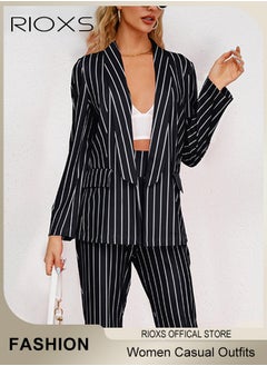 RIOXS Women's 2 Pieces Strip Casual Outfits Blazer Jacket & High Waisted Wide Leg Pants for Business Work or Official Occasions  - Image 1