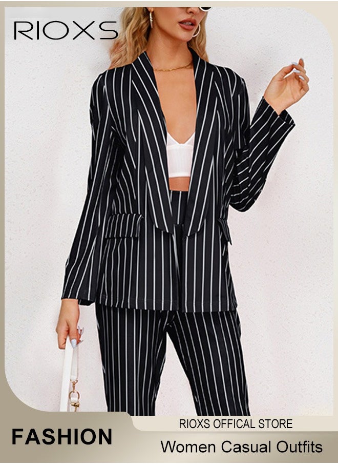 RIOXS Women's 2 Pieces Strip Casual Outfits Blazer Jacket & High Waisted Wide Leg Pants for Business Work or Official Occasions  - Image 1