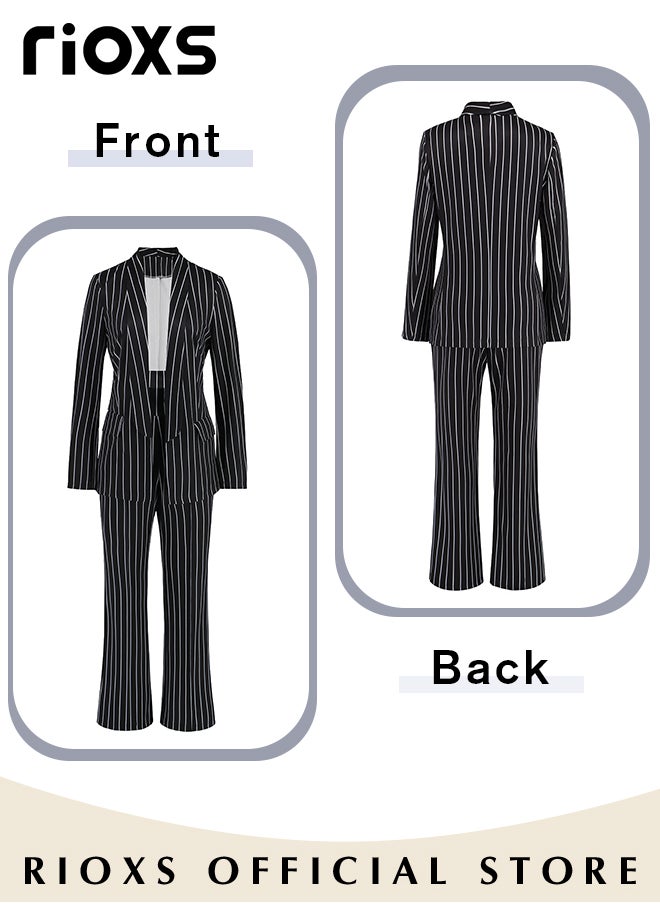 RIOXS Women's 2 Pieces Strip Casual Outfits Blazer Jacket & High Waisted Wide Leg Pants for Business Work or Official Occasions  - Image 5