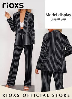 RIOXS Women's 2 Pieces Strip Casual Outfits Blazer Jacket & High Waisted Wide Leg Pants for Business Work or Official Occasions  - Image 4