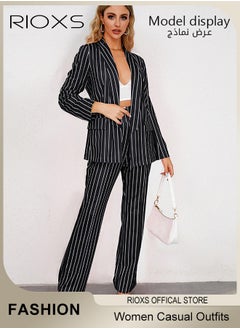 RIOXS Women's 2 Pieces Strip Casual Outfits Blazer Jacket & High Waisted Wide Leg Pants for Business Work or Official Occasions  - Image 2