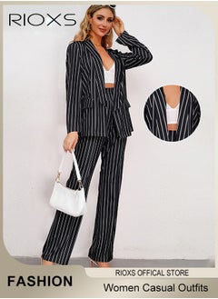 RIOXS Women's 2 Pieces Strip Casual Outfits Blazer Jacket & High Waisted Wide Leg Pants for Business Work or Official Occasions  - Image 3