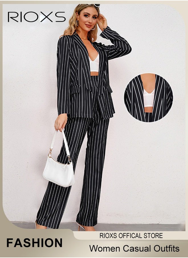 RIOXS Women's 2 Pieces Strip Casual Outfits Blazer Jacket & High Waisted Wide Leg Pants for Business Work or Official Occasions  - Image 3
