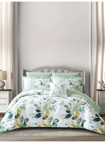 Donetella Bedding Comforter Set, King Size Fits 200x200 cm - 7-Pcs Digital Print Quilted Bed Set, Microfiber Fabric - 1 Comforter, 1 Fitted Sheet, 2 Pillow Shams, 2 Pillowcases 1 Cushion Cover.