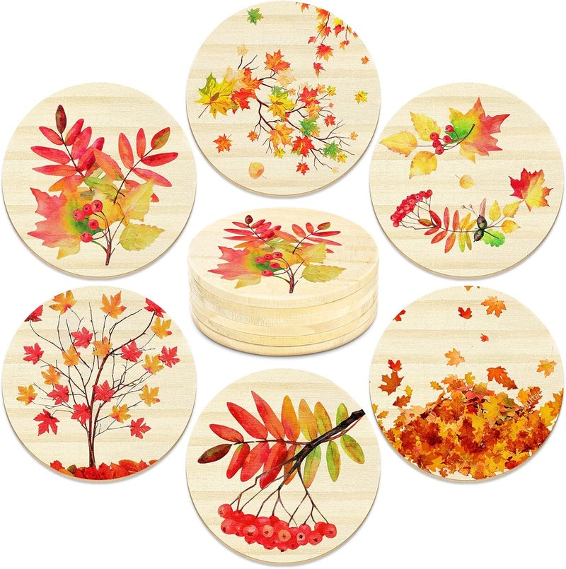 Hoolerry 6 Packs Wooden Coasters for Drinks Autumn Themed Wood Drink Coaster Set Round Rustic Fall Coasters for Wooden Table Maple Leaves Coffee Bar Coasters for Drinking Glasses Drinks, 3.94 x 3.94 x 0.2 inch - Image 1