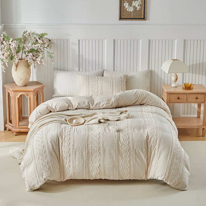 Washable Duvet Cover Set, 2/3pcs Set (1 Duvet Cover + 1/2 Pillowcases), 110g/㎡ Polyester Material, 3D Floral Pattern Design, Simple yet Luxurious, Soft and Comfortable, All-Season Boho Style Bedding Set for Bedrooms, with Zipper and Corner Ties - Image 1