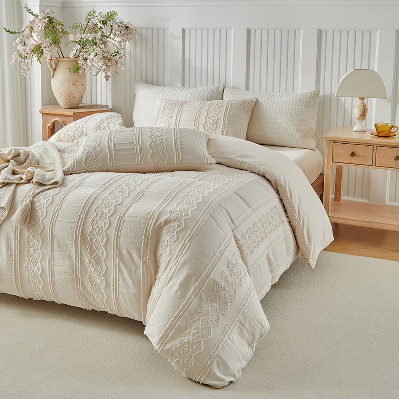 Washable Duvet Cover Set, 2/3pcs Set (1 Duvet Cover + 1/2 Pillowcases), 110g/㎡ Polyester Material, 3D Floral Pattern Design, Simple yet Luxurious, Soft and Comfortable, All-Season Boho Style Bedding Set for Bedrooms, with Zipper and Corner Ties - Image 3