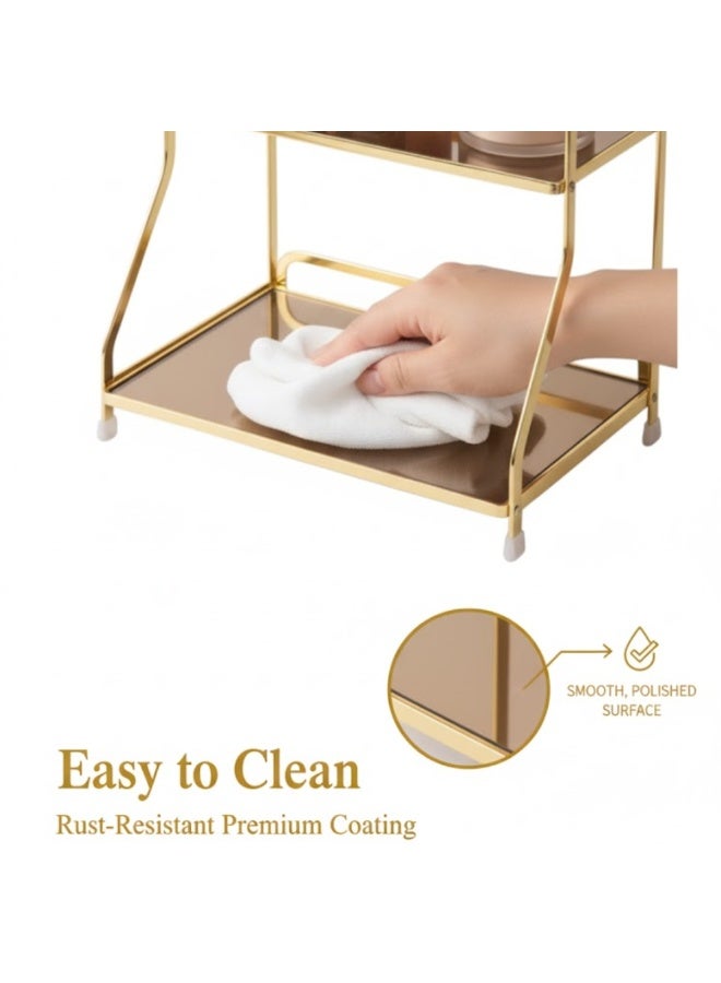 طلال رف منظم ذهبي ثلاثي الطبقات للحمام - رف معدني لتخزين مستحضرات التجميل، مناسب للحمام وغرفة النوم | حامل منظم للعطور، ومستحضرات التجميل، والأمصال، واللوشن، ومنتجات التجميل - Image 2