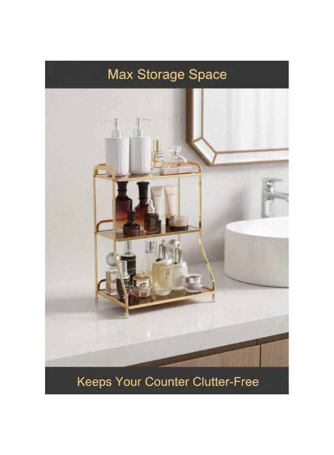 طلال رف منظم ذهبي ثلاثي الطبقات للحمام - رف معدني لتخزين مستحضرات التجميل، مناسب للحمام وغرفة النوم | حامل منظم للعطور، ومستحضرات التجميل، والأمصال، واللوشن، ومنتجات التجميل - Image 3