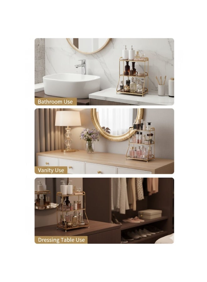 طلال رف منظم ذهبي ثلاثي الطبقات للحمام - رف معدني لتخزين مستحضرات التجميل، مناسب للحمام وغرفة النوم | حامل منظم للعطور، ومستحضرات التجميل، والأمصال، واللوشن، ومنتجات التجميل - Image 5