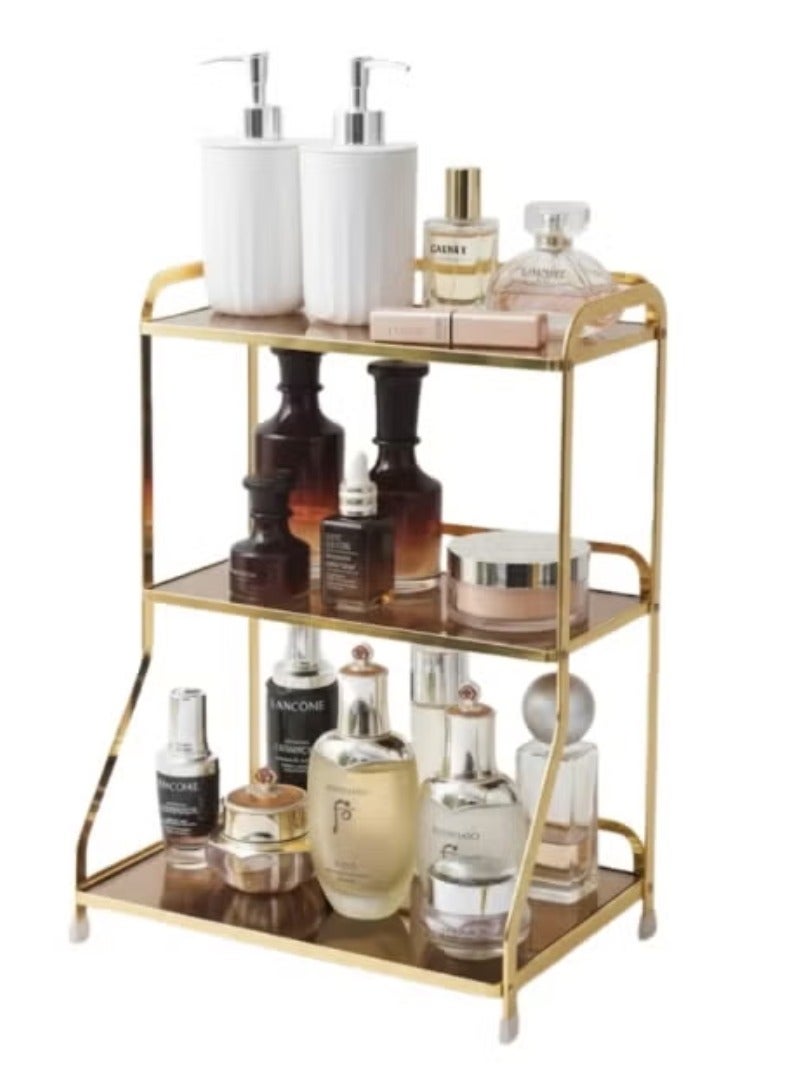 طلال رف منظم ذهبي ثلاثي الطبقات للحمام - رف معدني لتخزين مستحضرات التجميل، مناسب للحمام وغرفة النوم | حامل منظم للعطور، ومستحضرات التجميل، والأمصال، واللوشن، ومنتجات التجميل - Image 1