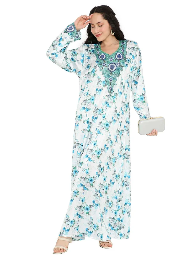 HANA & SARA CREATIVE HAND BEADED LONG MODEST FLORAL PRINTED ARABIC FARASHA KAFTAN JALABIYA DRESSES