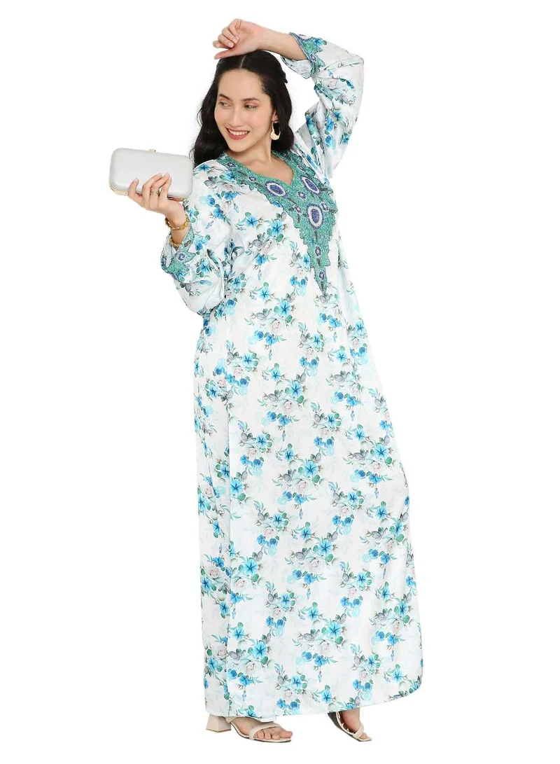 HANA & SARA CREATIVE HAND BEADED LONG MODEST FLORAL PRINTED ARABIC FARASHA KAFTAN JALABIYA DRESSES